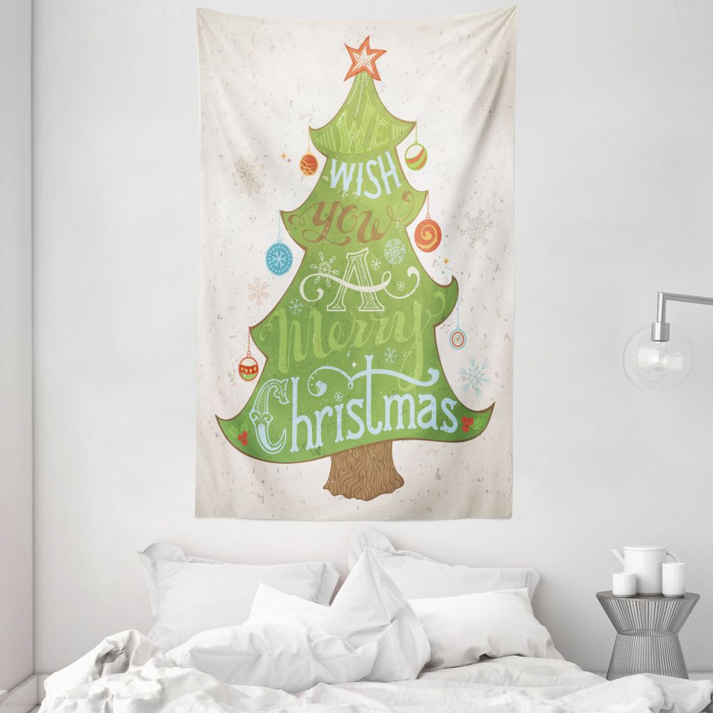 ABAKUHAUS Weihnachten Wandteppich und Tagesdecke, Frohe Wunsch auf Kiefer aus Weiches Mikrofaser Stoff Waschbar ohne Verblassen Digitaldruck, 140 x...