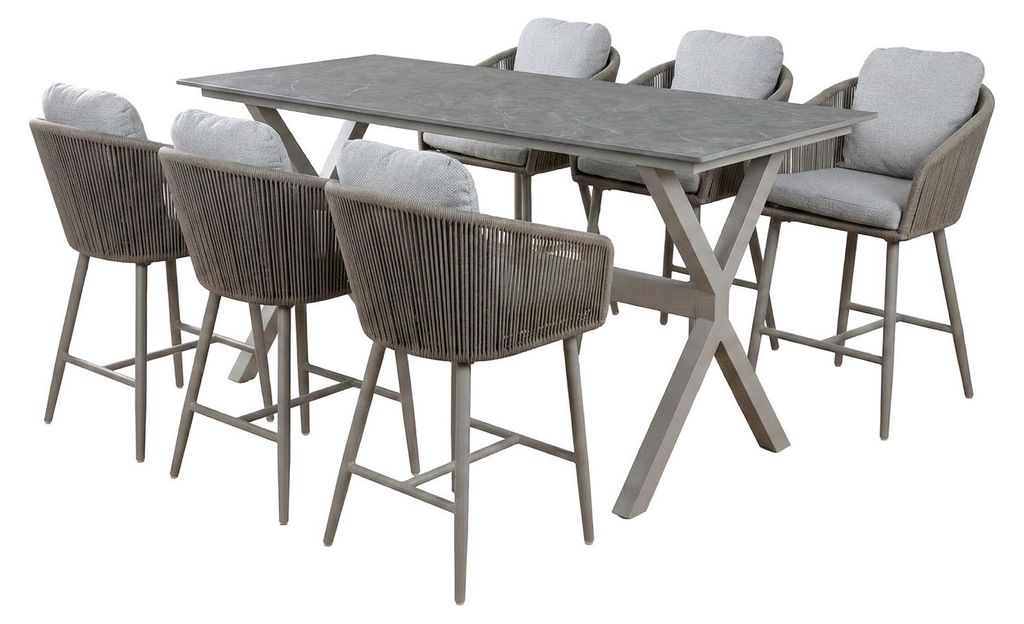 7-teiliges Bar-Set | 6 Alezio Barstühle (Camel) | Bartisch Barletta 200x75 cm (Desert Pearl/Camel)