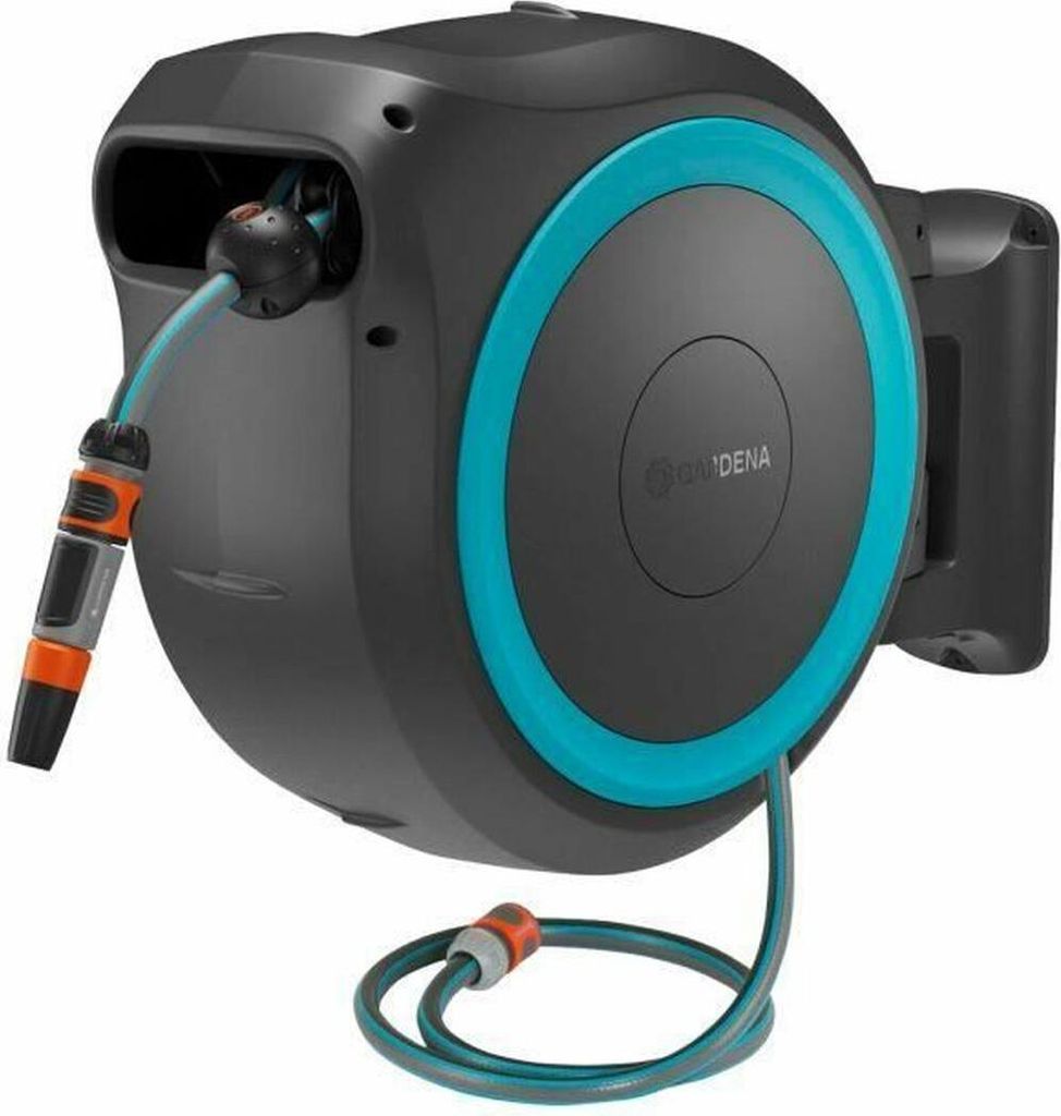 A wall-mounted hose reel with a hose attached.