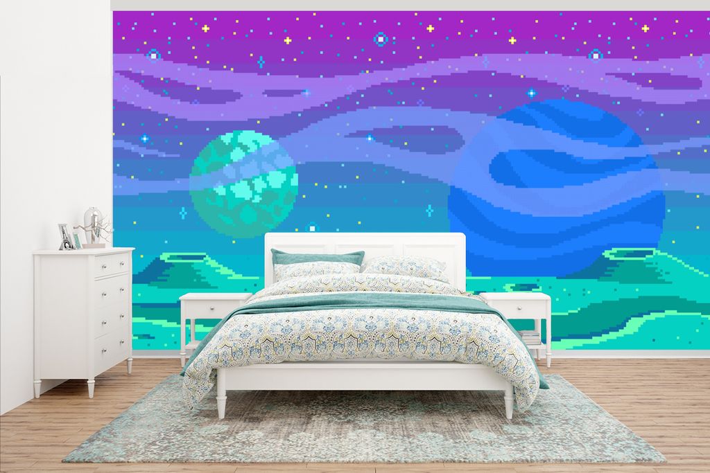 MuchoWow Fototapete für Wohnzimmer oder Schlafzimmer Wandtapete Vinyl Motivtapete Spiele - Pixel Art - Mond - 395x220 cm - Tapezier Papier
