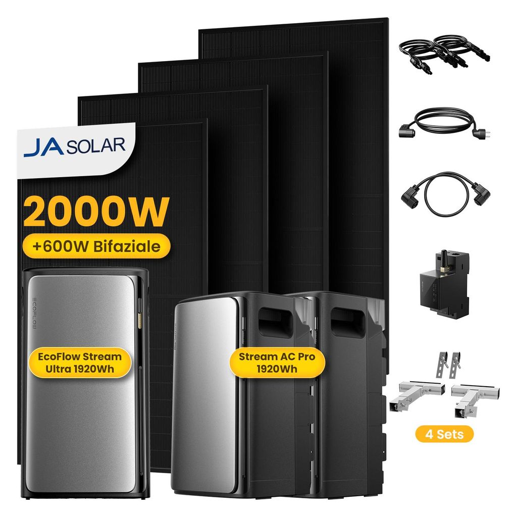 Powerness Balkonkraftwerk mit Speicher,EcoFlow STREAM Ultra & 2x AC Pro Erweiterungsakku & 4x JASolar 500W Module & Smart Meter & 4x Balkon-Halterung