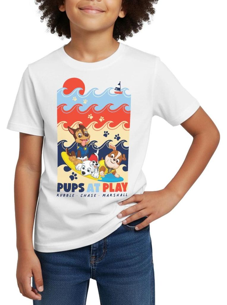 Spreadshirt Paw Patrol 'Pups At Play' Rubble Chase Marshall Kinder T-Shirt, 110/116 (5-6 Jahre), Weiß