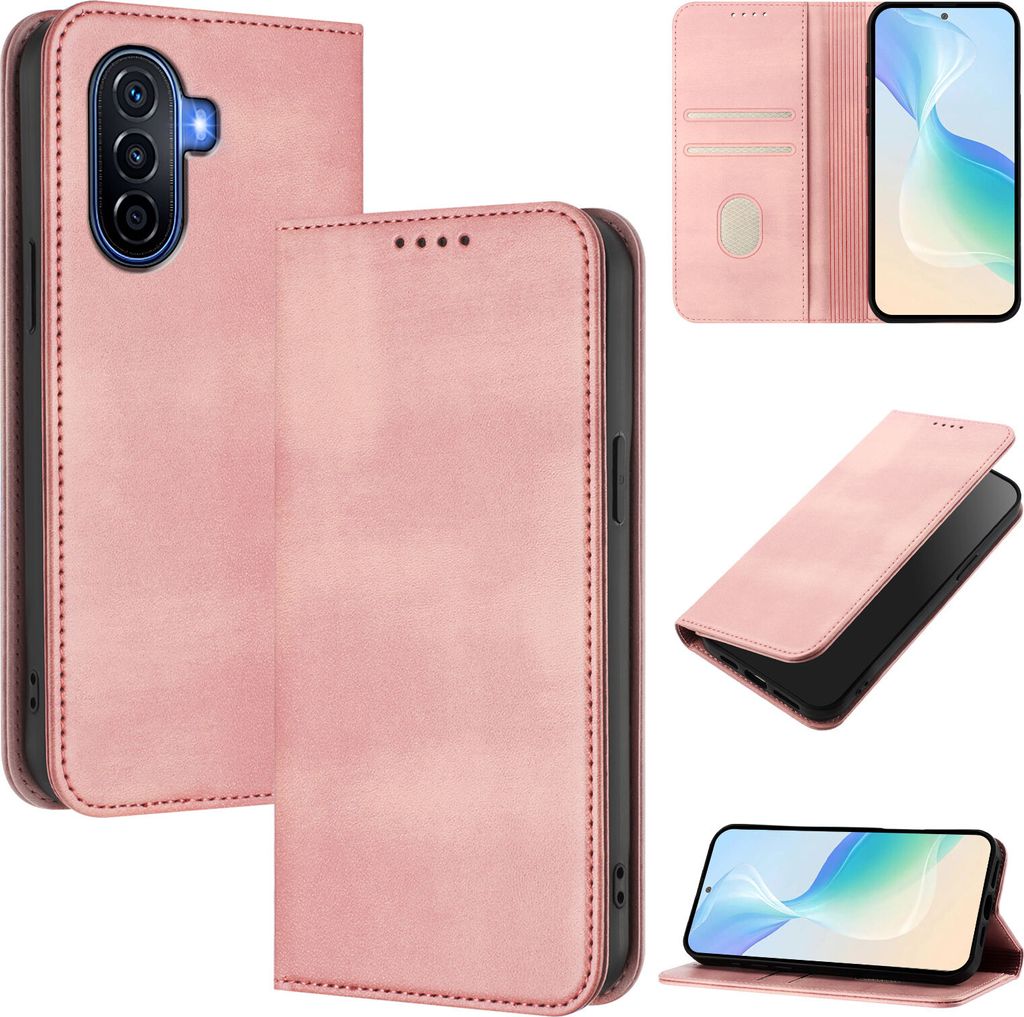 Handyhülle für Huawei Nova Y70 Plus, Vintage Leder RFID Schutz Kartenfach Standfunktion Magnetische Klapphülle Pink