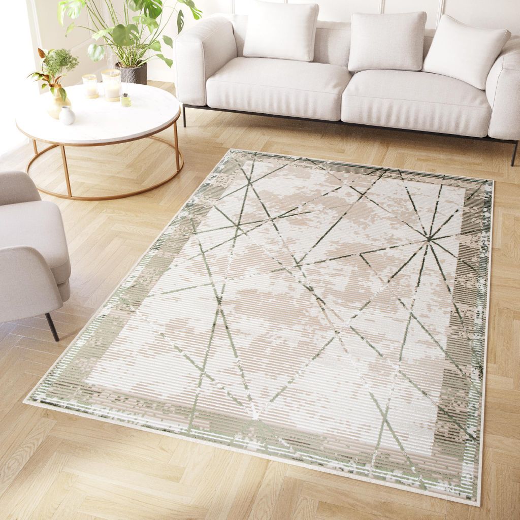 A modern living room with a sofa, coffee table, and a geometric patterned rug.