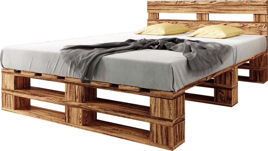 sunnypillow Palettenbett M2 aus Holz 140 x 200 cm mit Kopfteil und Lattenrost, Doppelbett, Familienbett - erhöhtes Ehebett Bettgestell Futonbett K...