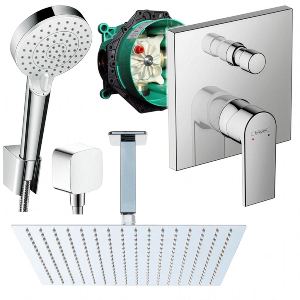 Hansgrohe und Jowi Unterputz Duschsystem, Kopfbrause mit Deckenanschluss, 360x360 mm, Vernis Shape Duscharmatur