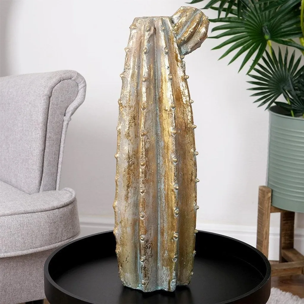 Vase à fleurs en forme de cactus en ciment et finition dorée chic - 2