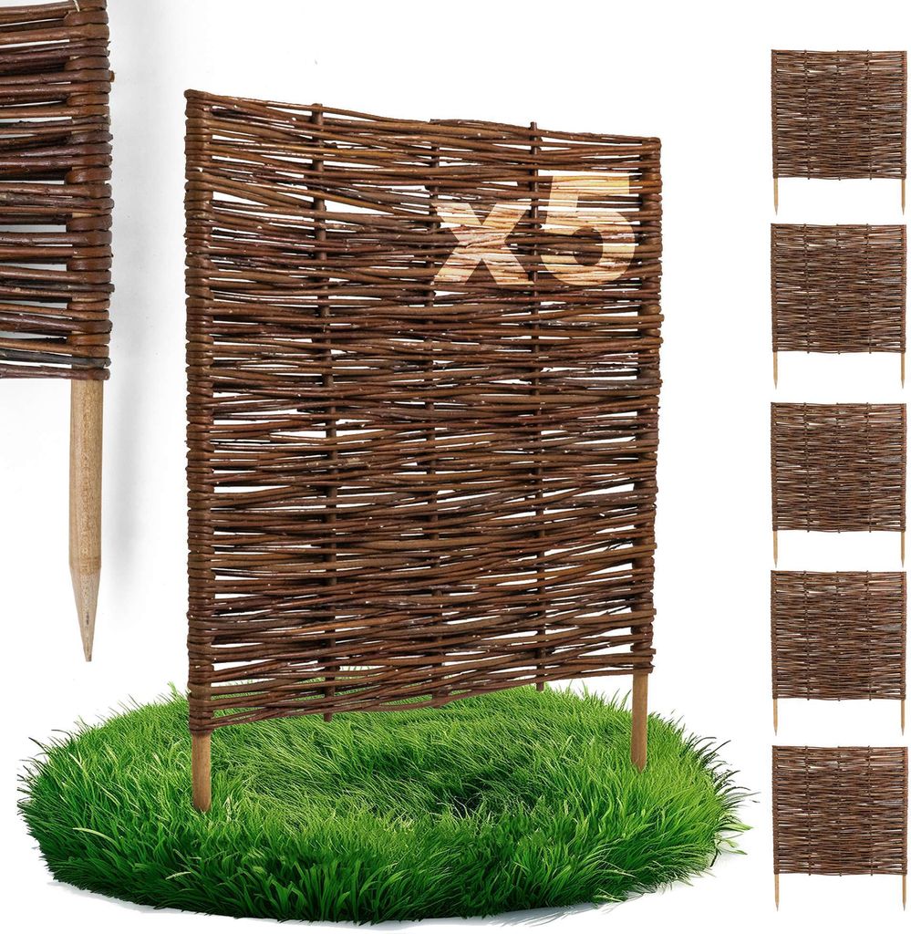 5 x BOGATECO Beeteinfassung aus Weide | 60 cm Lang & 60 cm Hoch | Holz-Zaun Rasenkante | Weiden-Zaun Steckzaun