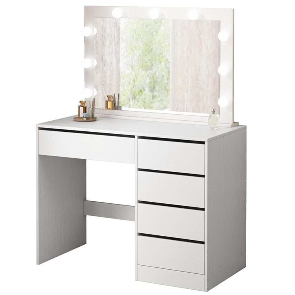 A white vanity table with a lighted mirror and drawers, set against a white background.