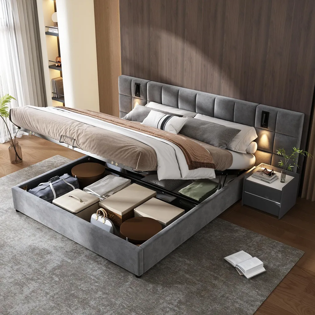 Lit fonctionnel 180x200 avec prise USB et rangement en velours gris