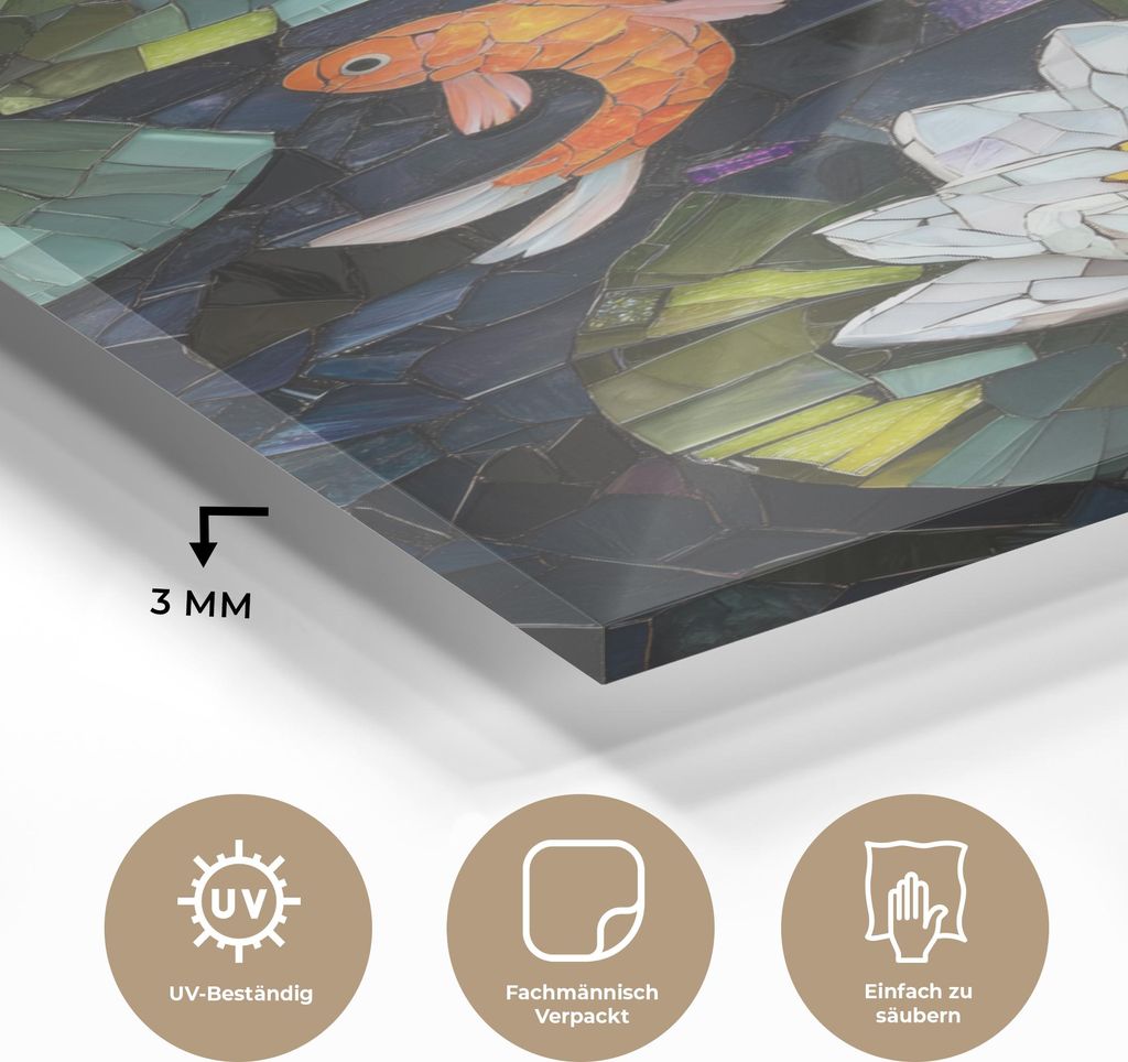 MuchoWow Glasbilder - Bilder auf Wandbild - Foto auf Glas Glasstücke - Lilienblätter - Fische - Orange 40x60 cm Wanddekoration aus Glas - Acrylgl...