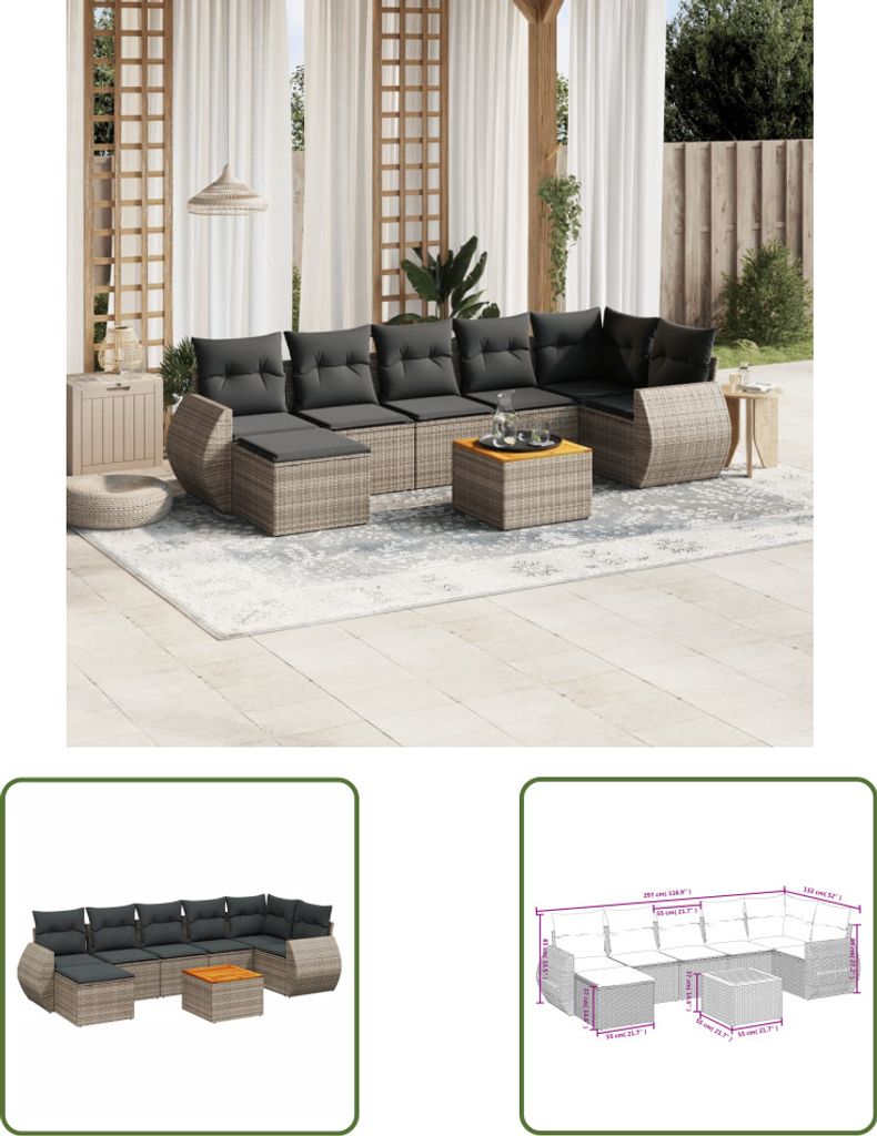 The Living Store 8-tlg. Garten-Sofagarnitur mit Kissen Grau Poly Rattan