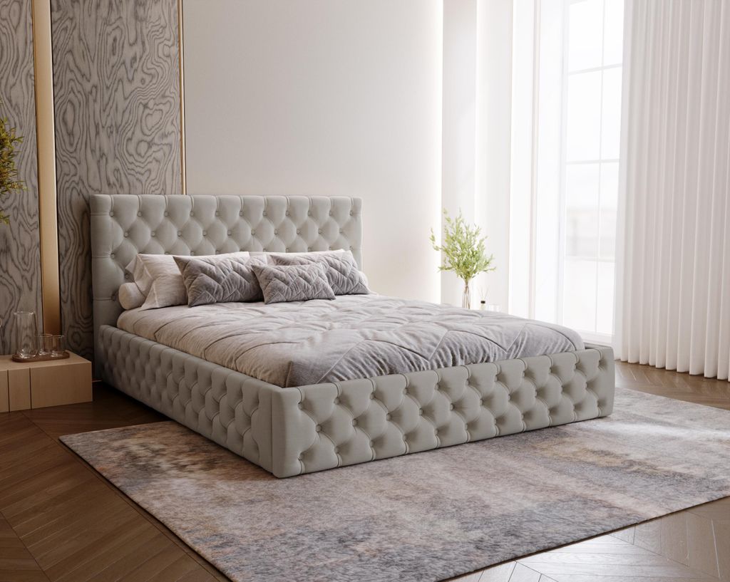 Polsterbett 160x200 cm Verti Slim - Chesterfield, Bett mit Bettkasten und Lattenrost - Samt Hellgrau (Magic Velvet 2218)