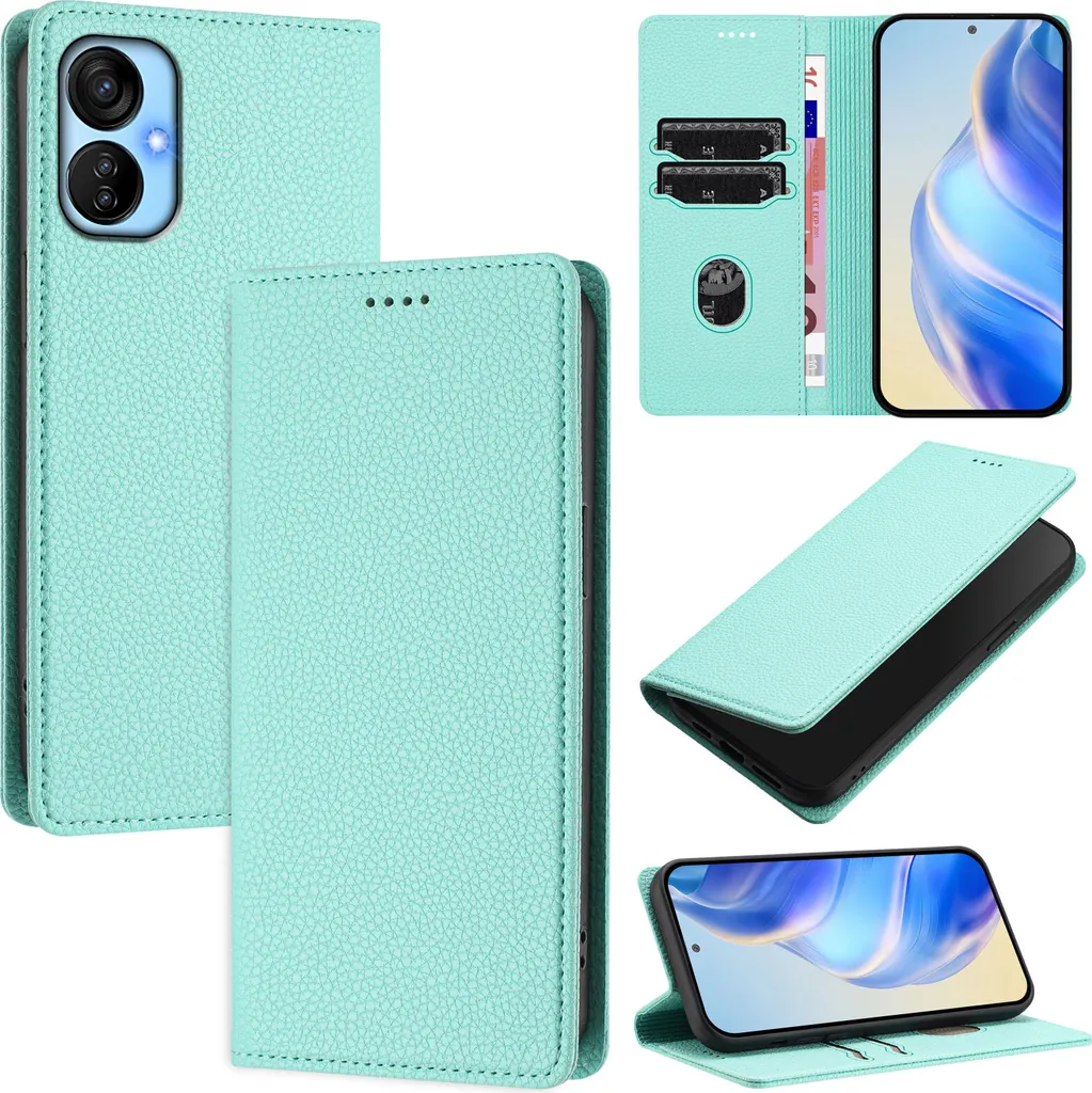 Custodia in pelle per Tecno Spark 9T/Spark 9 Pro, pelle Litschi, custodia a portafoglio con slot per carte e supporto Turchese