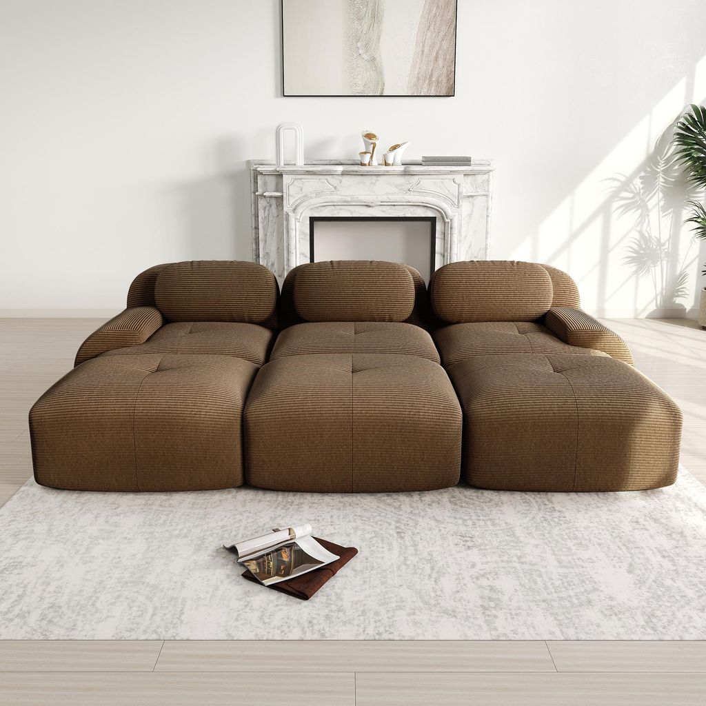 Modulares 3-Sitzer-Sofa mit 3 Hockern aus Cordstoff, montagefreie Lieferung, haustierfreundlich, ultra-breite Armlehnen, 32D hochelastische Polster...
