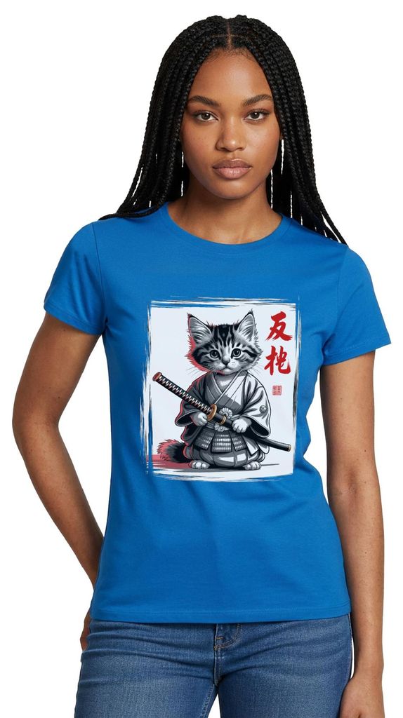 Spreadshirt Samurai Katze | Katze Im Japan-Look Frauen T-Shirt, M, Royalblau
