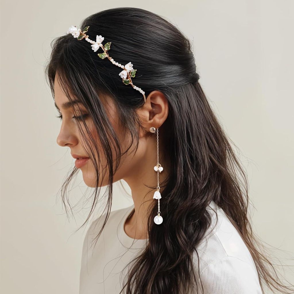 Goldene Haarkrone - Boho-Blumen - Haarschmuck - Kommunion Mädchen - Braut - Haarband - Hochzeit - Blumenkranz - Haar - Damen mit Blättern - Perle...