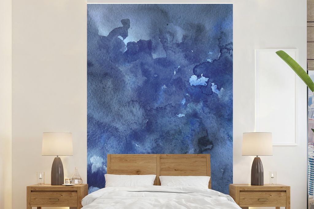 MuchoWow Fototapete für Wohnzimmer oder Schlafzimmer Wandtapete Vinyl Motivtapete Aquarell - Blau - Wolken - 170x260 cm - Wohnzimmertapete