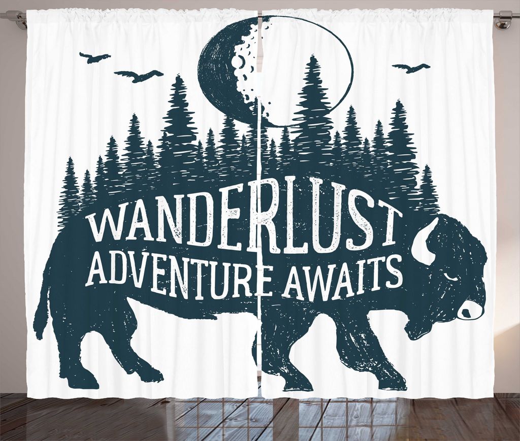 ABAKUHAUS Abenteuer Rustikaler Gardine, Buffalo Wald Mond, Schlafzimmer Kräuselband Vorhang mit Schlaufen und Haken, 280 x 175 cm, Dunkel Petrol B...