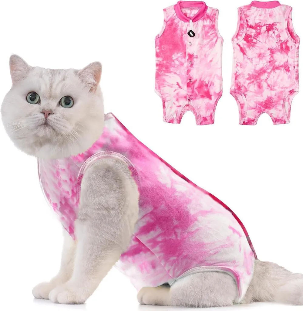 Avont Cat Body Recovery Suit Neutering Spay Lick Protection Recovery Suit Clothing L-Tiedye Pink