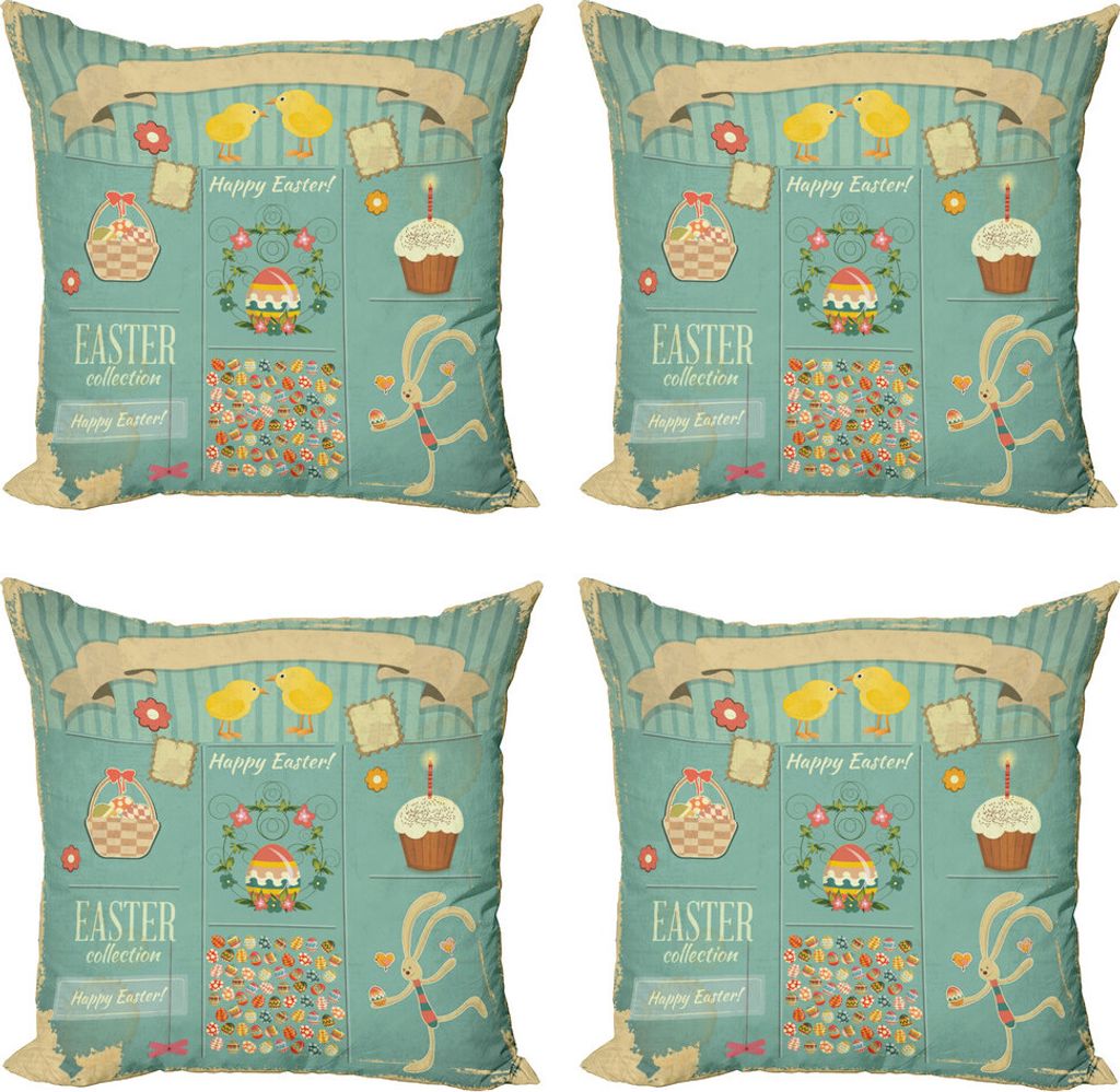 ABAKUHAUS Ostern Kissenbezug Set (4 Stück), Eier Kuchen und Korb, Moderner Doppelseitiger Digitaldruck, 40 cm x 40 cm, Mehrfarbig