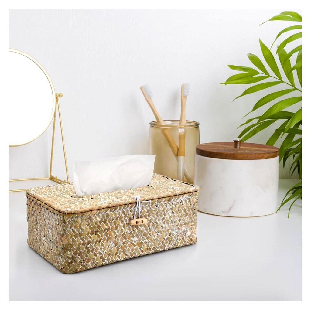 Rattan Kosmetiktuchbox - Rechteckiges Design für die Hausdekoration - Seegras Taschentuchspender für Wohnzimmer, Büro und Restaurant - Dekorativ...