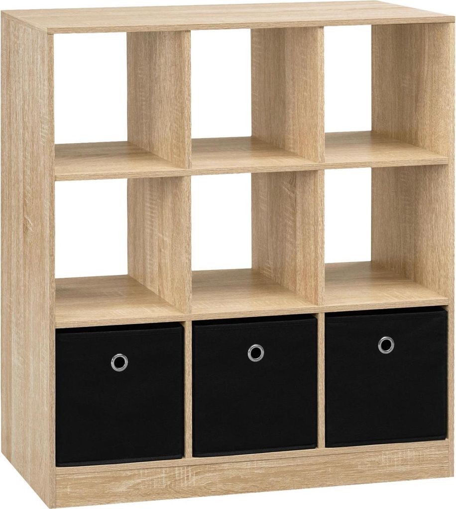 Bücherregal Würfelregal - Aufbewahrungsregal - 9 Fächer, 3 Stoffboxen, 3 Ebenen, 80 x 86,5 x 30 cm, Holz - Eiche hell