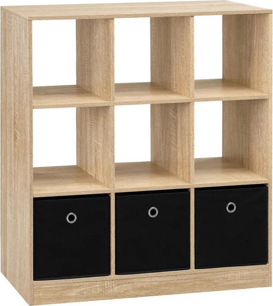 Meuble de rangement 3 niveaux bois chêne clair 9 cases et boîtes tissu