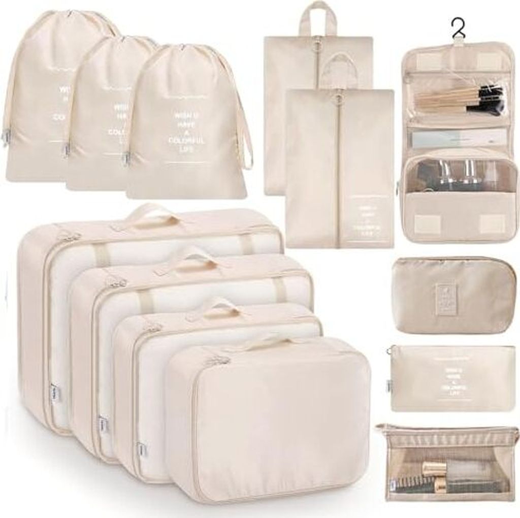 13-teiliger Koffer-Organizer-Set, beige Packungswürfel Set Schuhbeutel, Kosmetikbeutel, Kleidung, wasserdichte Feiertage Reisen