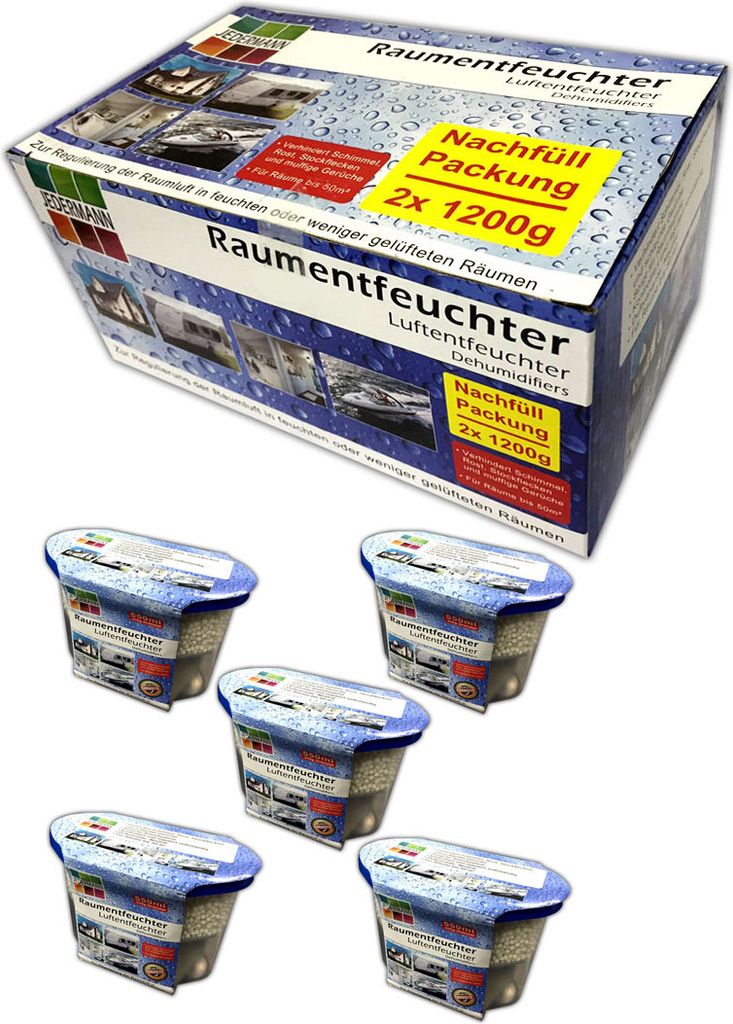 5x Raumentfeuchter Luftentfeuchter 230g Granulat + Nachfüllpack 2x 1200g Set Box Granulat Luftentfeuchter Keller Auto KFZ