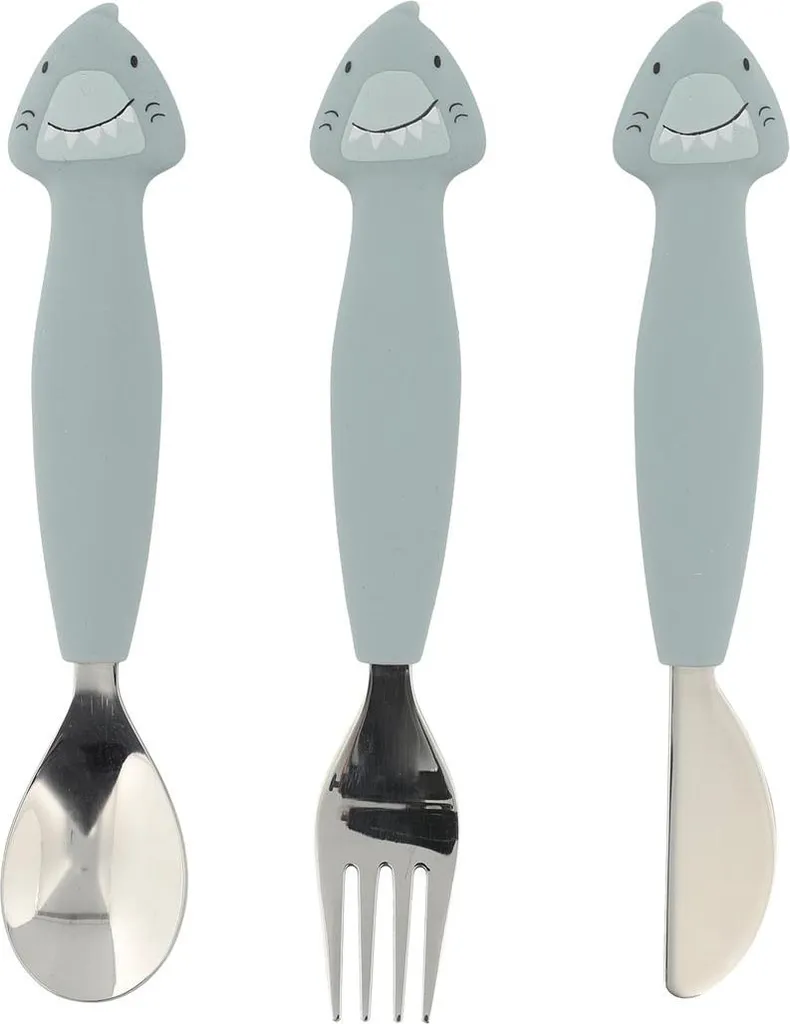 Set Posate Bambini Trixie Mr Shark - 3 Pezzi in Silicone e Acciaio