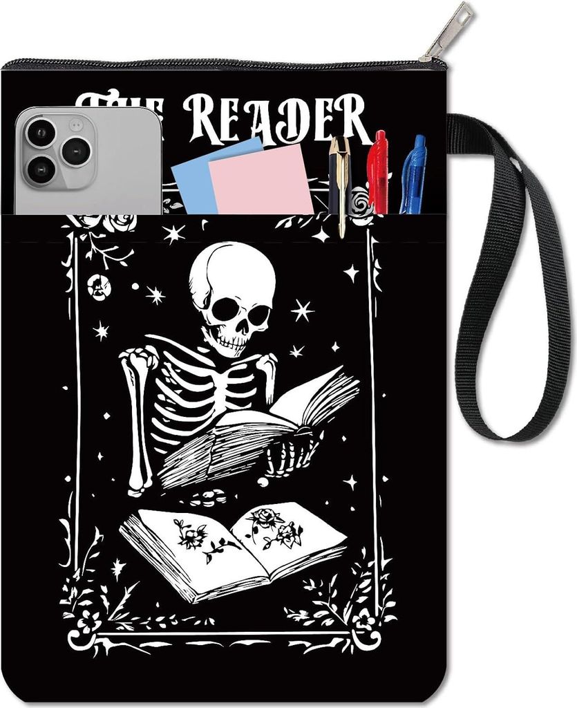 Skelett Buchhüllen - schwarze Buchschutzhülle - gotische Buchhülle für Paperbacks - waschbarer Stoffbuchumschlag mit Reißverschluss und zusät...