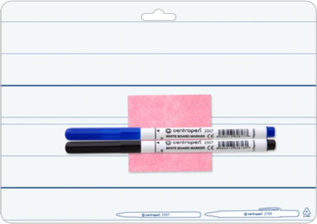 The image shows a package containing two whiteboard markers, one blue and one black, along with a pink eraser.
