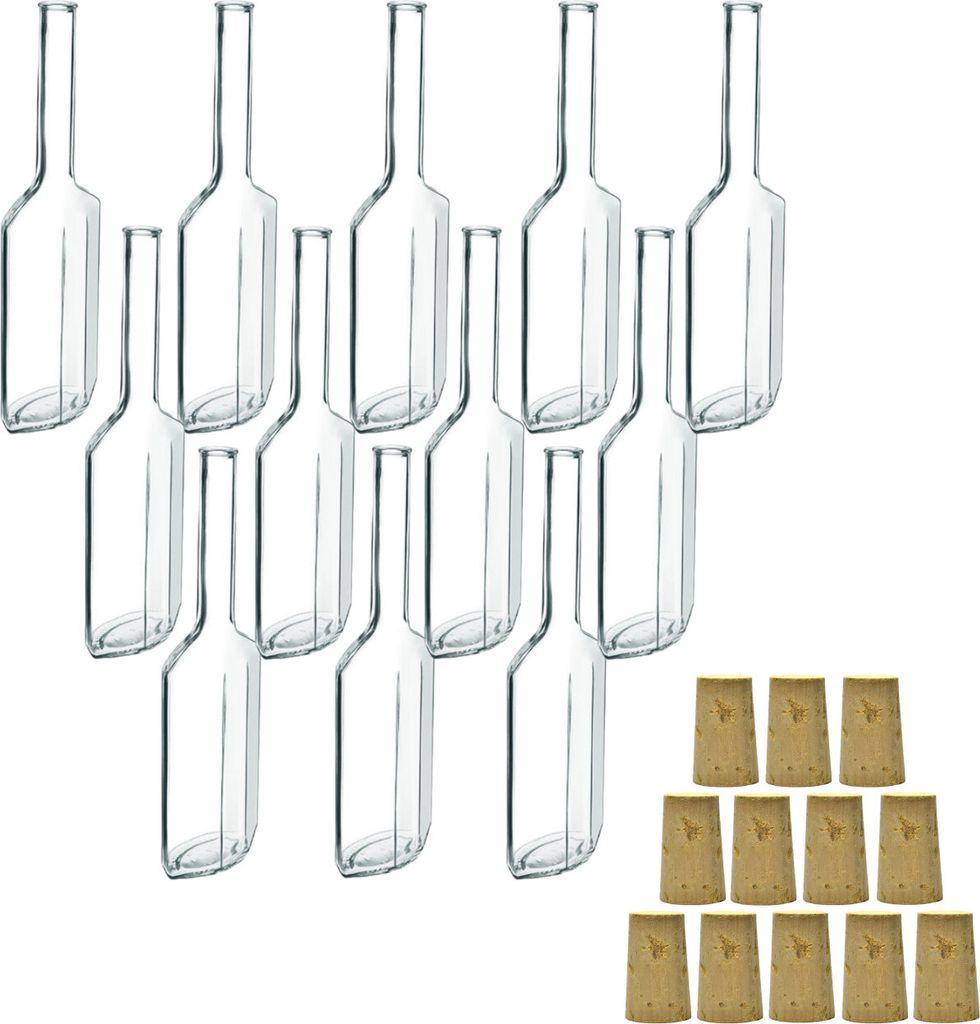 gouveo 12er Set Glasflaschen 100 ml Amalfi mit Spitzkorken - Design-Flasche 0,1 l mit Korkverschluss zum Befüllen und Verschenken