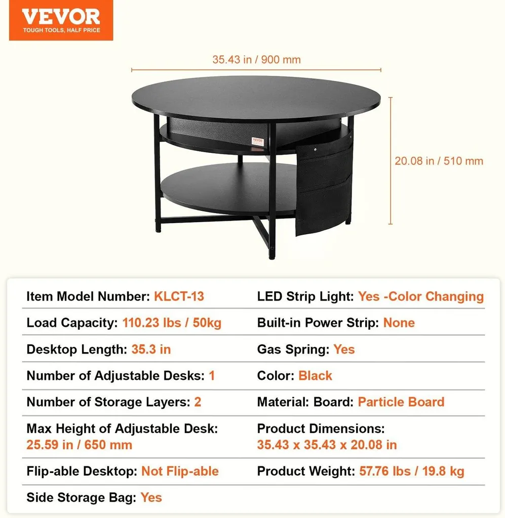 Table basse relevable ronde noire idéale pour dîner devant la télé
