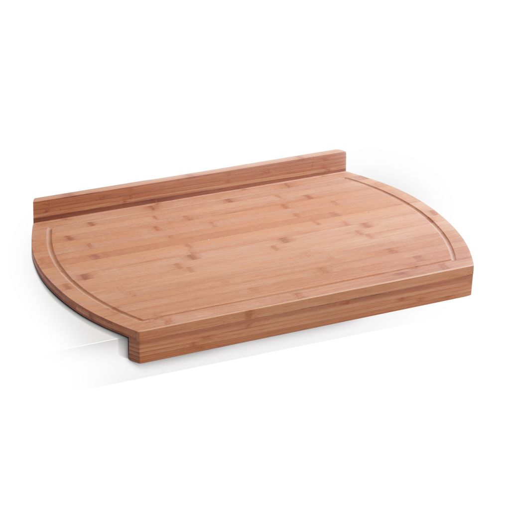 A wooden cutting board on a white background.