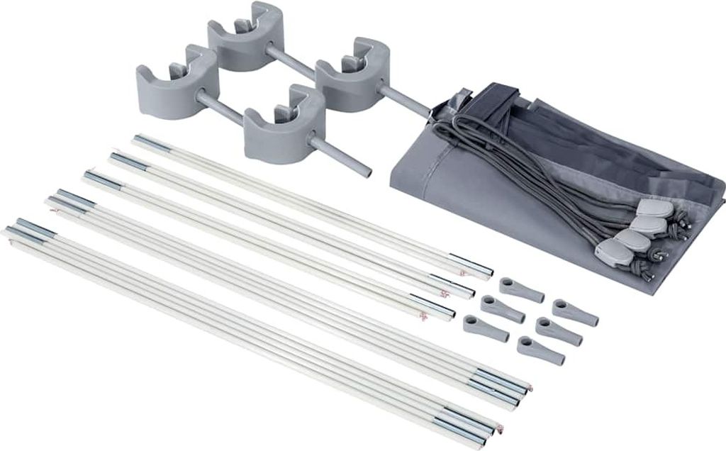 A collection of parts for an INTEX pool cover, including poles, connectors, and the cover itself, laid out on a white background.