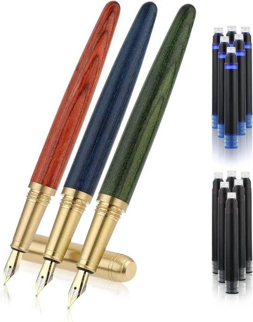 Set de 3 stylos plume de luxe en bois naturel pour écriture et dessin