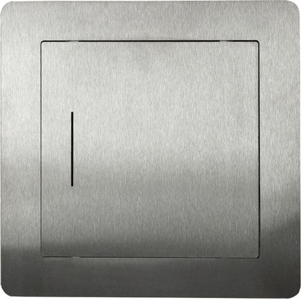 A close-up, front-facing view of a brushed stainless steel access door with a thin vertical slot.