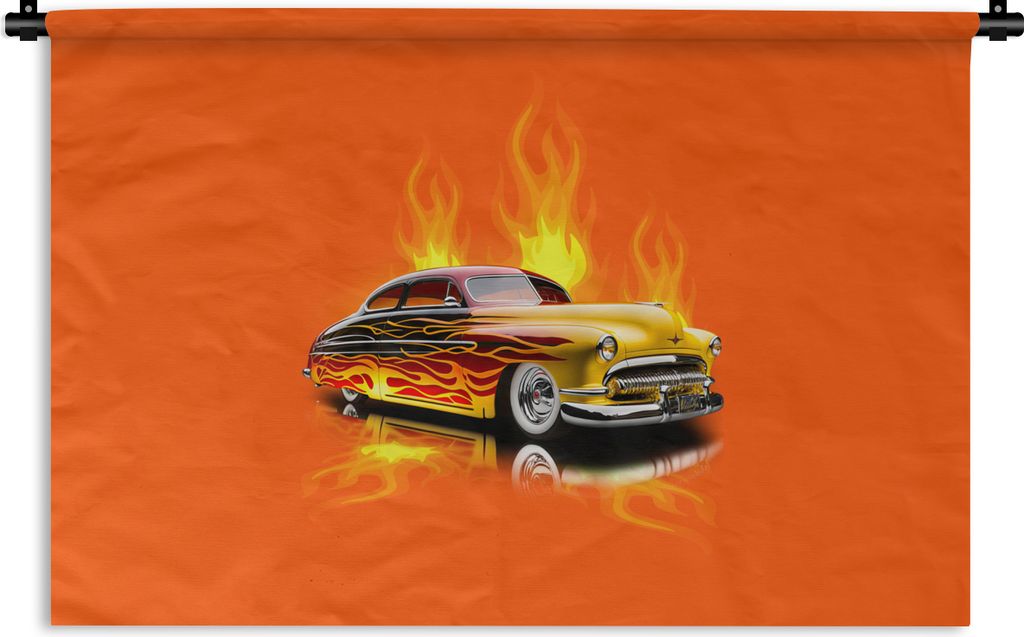 MuchoWow Wandteppich Wandbehang Auto - Flammen - Orange - Feuer - Vintage 60x40 cm Tapisserie Dekoration Wandtuch - Wanddekorationen