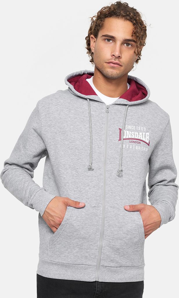 Herren Kapuzensweatjacke mit Reißverschluss normale Passform LINTMILL Marl Grey/Oxblood/White M Lonsdale