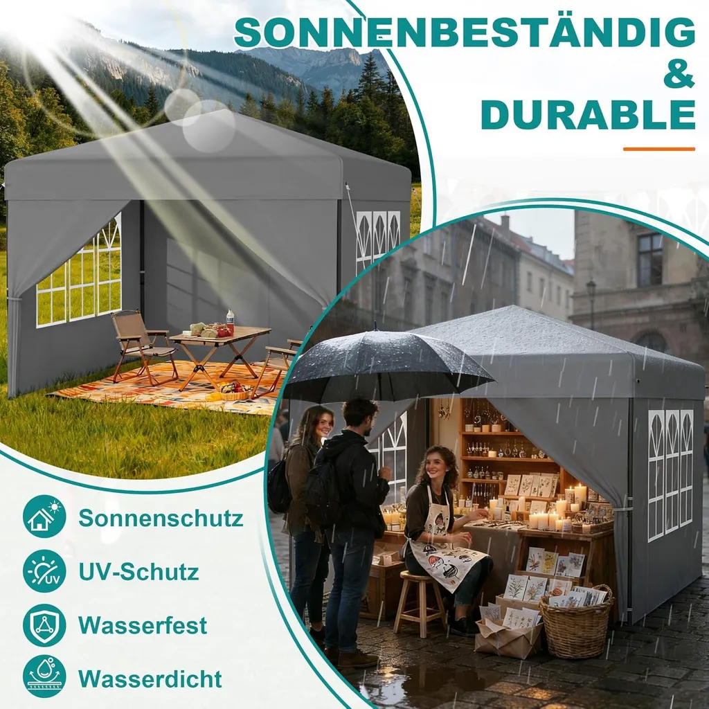 Gazebo Pieghevole 2,5x2,5 m Sessamen-LP Impermeabile Grigio per Giardino - 4