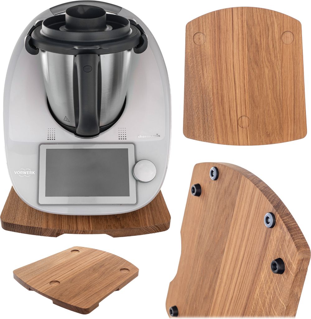 A collage of a kitchen appliance and wooden accessories for it.