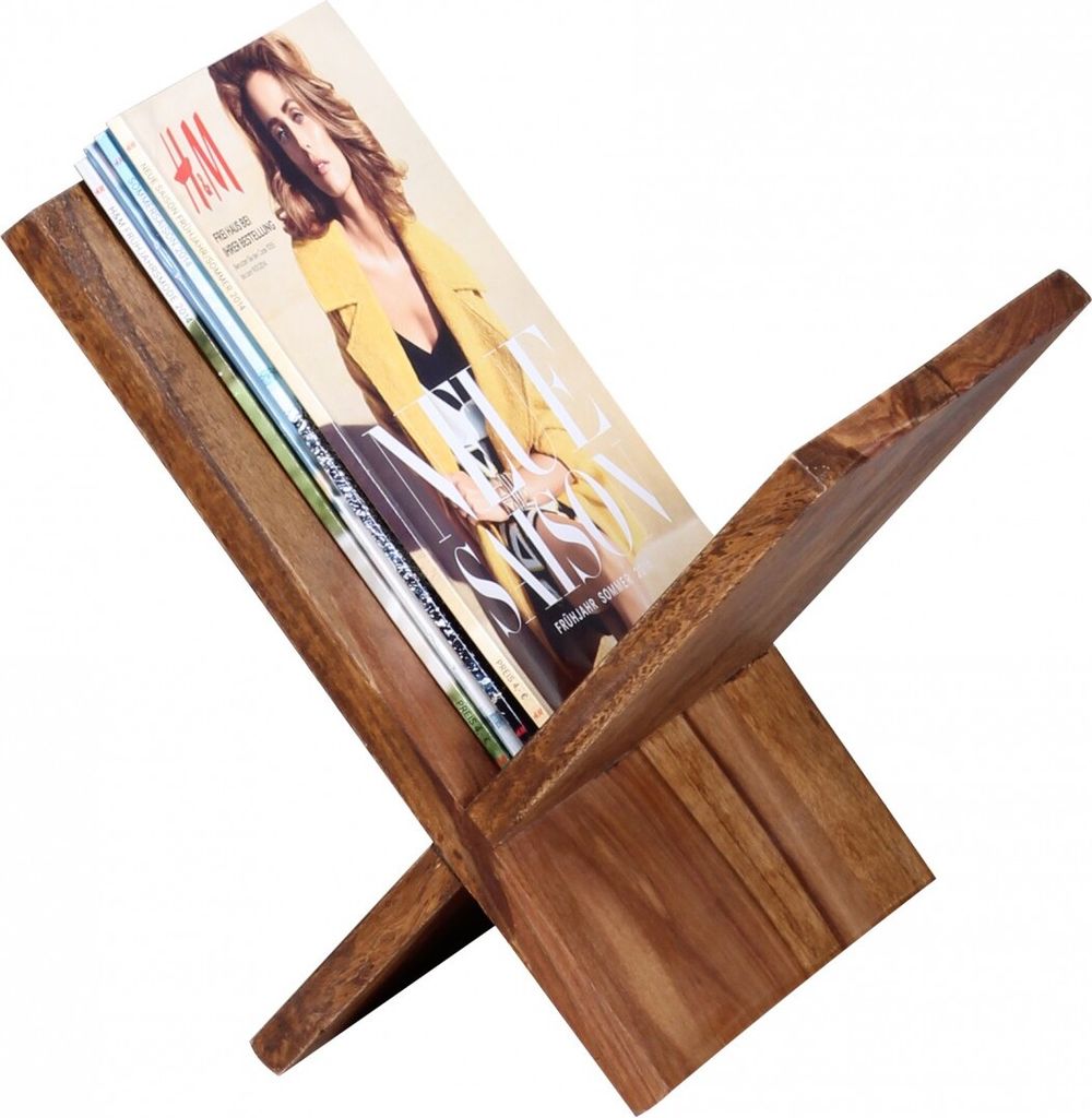 WOHNLING Zeitungsständer MUMBAI Massivholz Sheesham X-Form 31 cm Zeitschriften-Ständer Design Prospekt-Halter Landhaus-Stil Buchständer