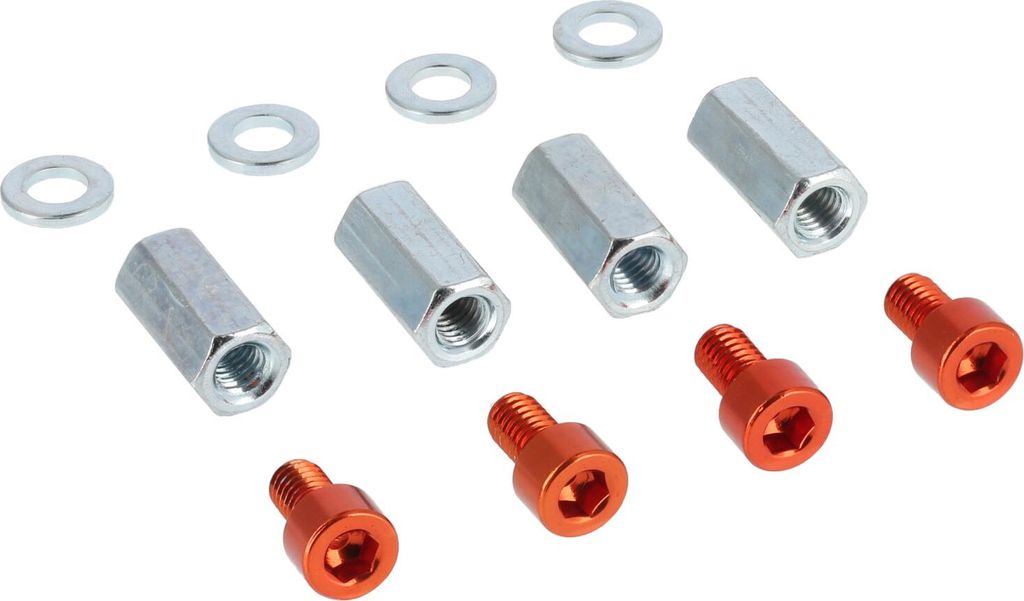 Set: 4x Aluminium-Schrauben Orange + Langmuttern + Scheiben, für Zylinderkopf - für Simson S50, S51, S53, S70, S83, KR51 Schwalbe, SR4 Spatz, Sta...
