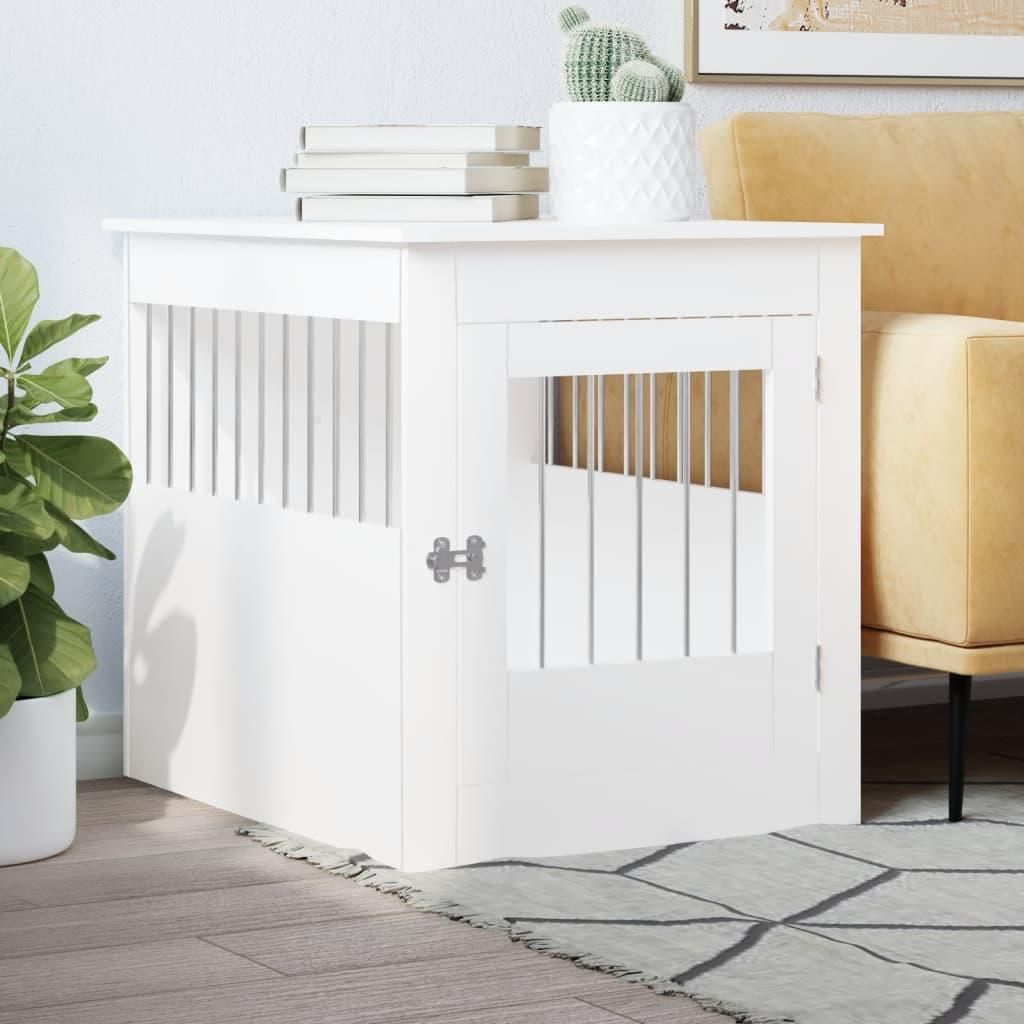 A white wooden dog crate is placed next to a yellow sofa and a potted plant.