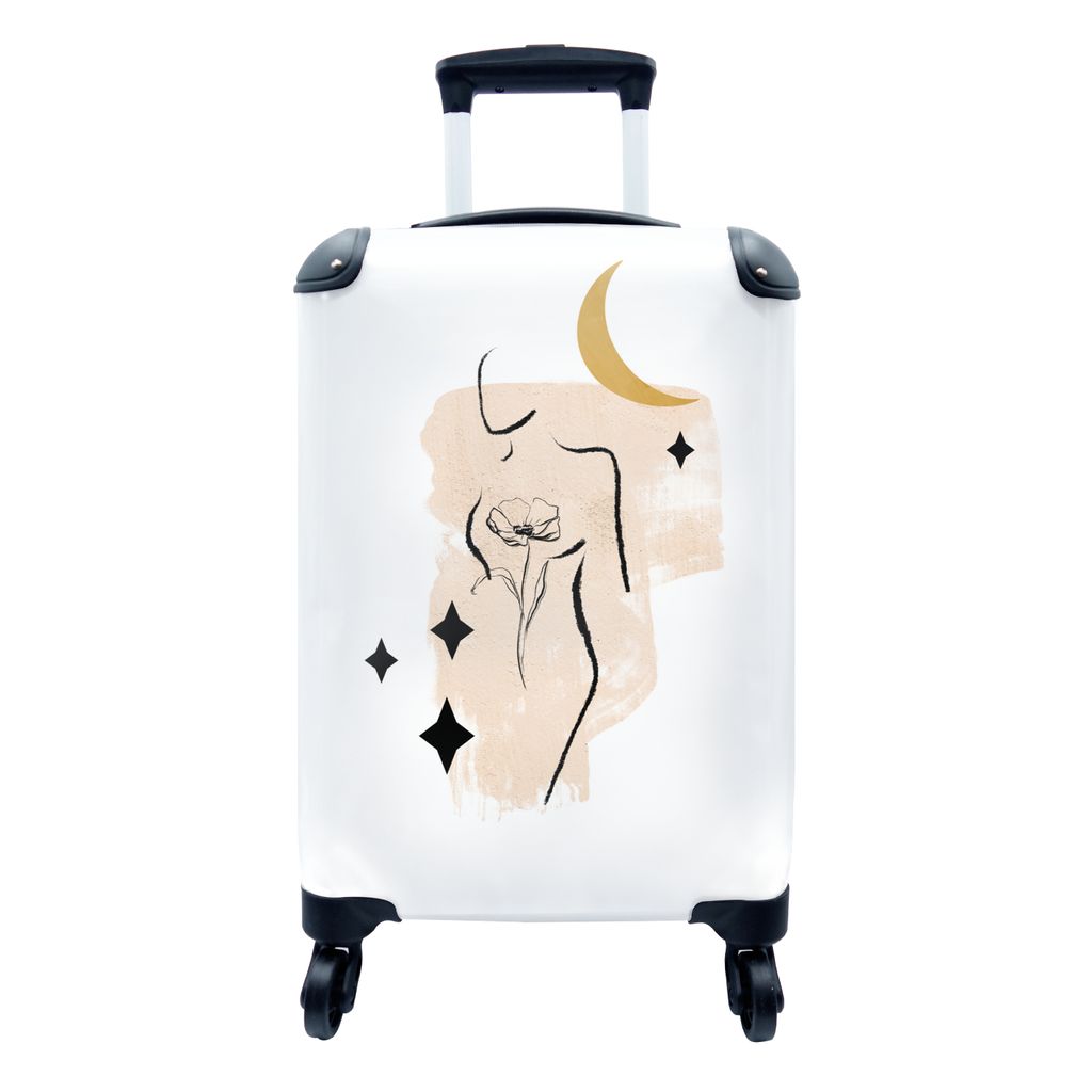 MuchoWow Koffer Handgepäck Trolley Rollkoffer Kleine Reisekoffer mit 4 Rollen - Frauen - Blume - Sterne - Linienkunst - Bohème - Cabin Size < 5...