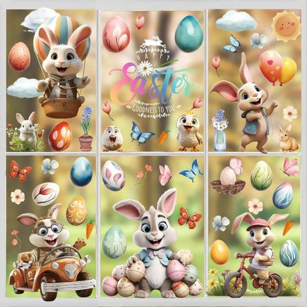 Stickers Pâques Chatons Poussins PVC - 9 Feuilles Déco Facile sans Trace