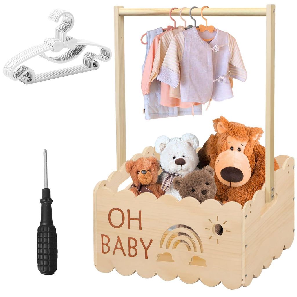 Babygeschenkkorb aus Holz, 34x23x51cm, Babygeschenkkorb mit Griff, Holzkiste für eine Babyparty mit Griff und 8 Aufhängern, geeignet für Geburts...