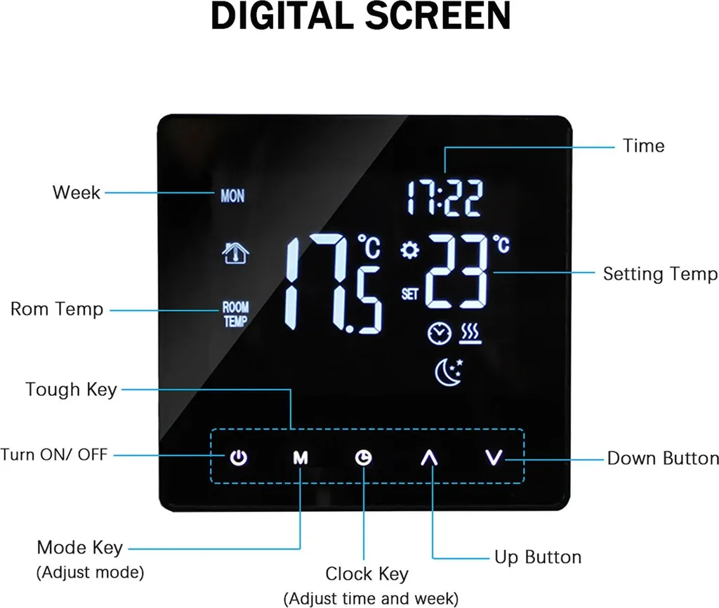 Thermostat programmable hebdomadaire écran tactile LCD 3A Noir Eau